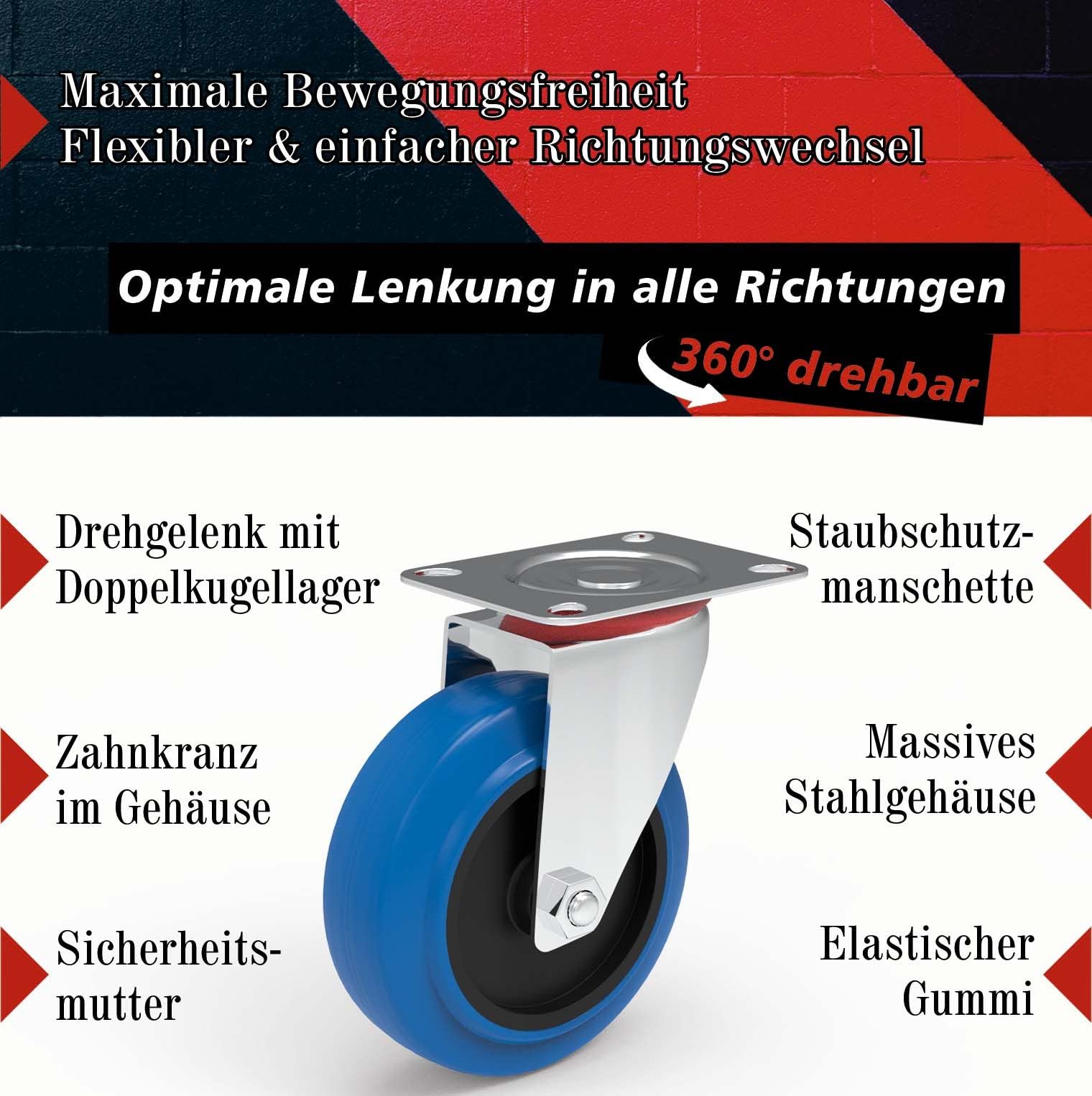 PRIOstahl Transportrollen 80 mm Blau ohne Bremse 4 Stück
