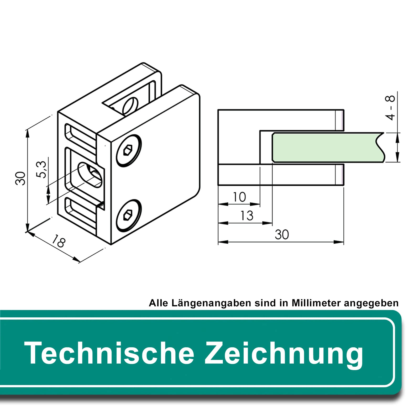 PRIOstahl Glashalter 30x30x18mm Glasklemme 4 mm 4er Set V2A Flach