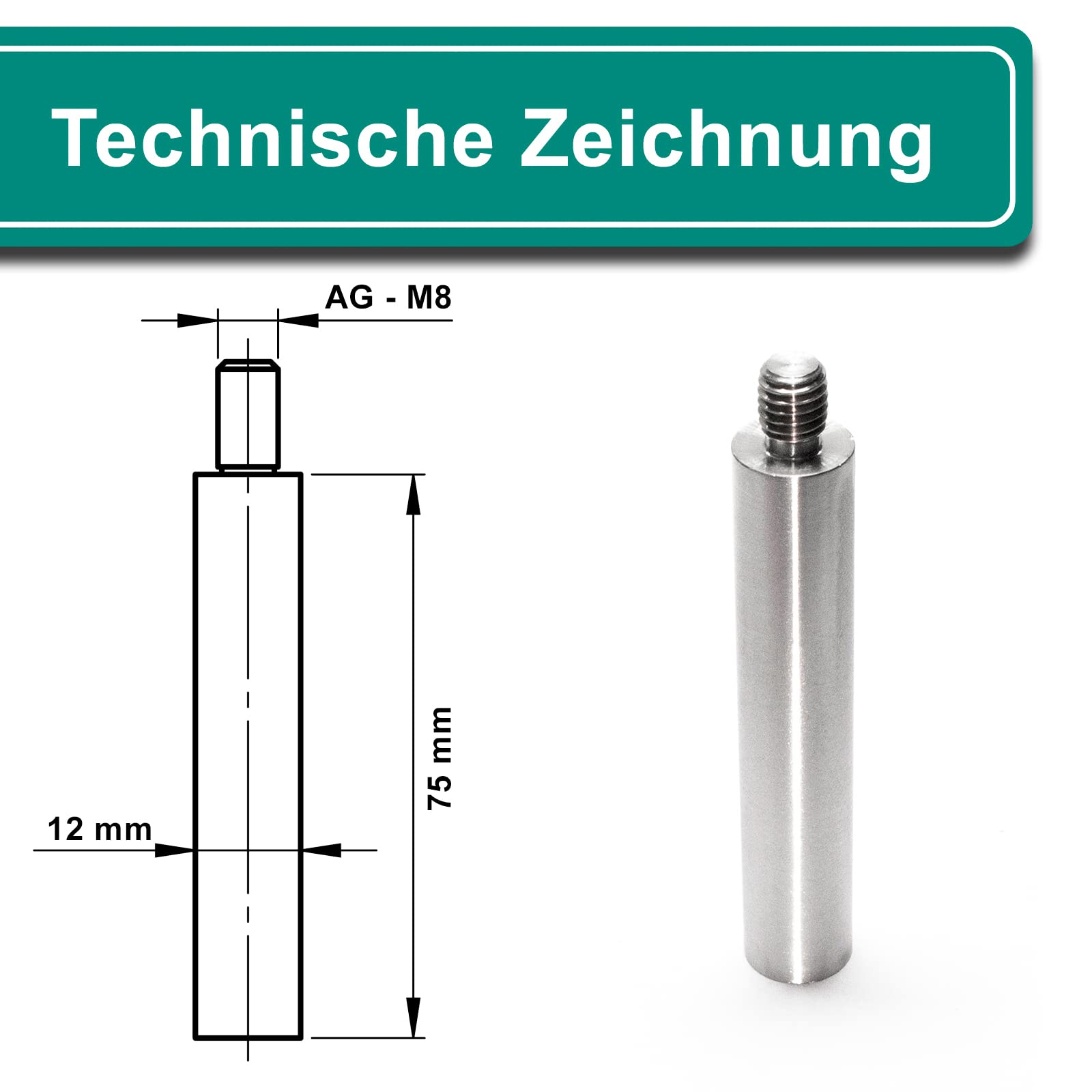 PRIOstahl Verbindungsstift 75mm Ø12mm M8 V2A anschweißen
