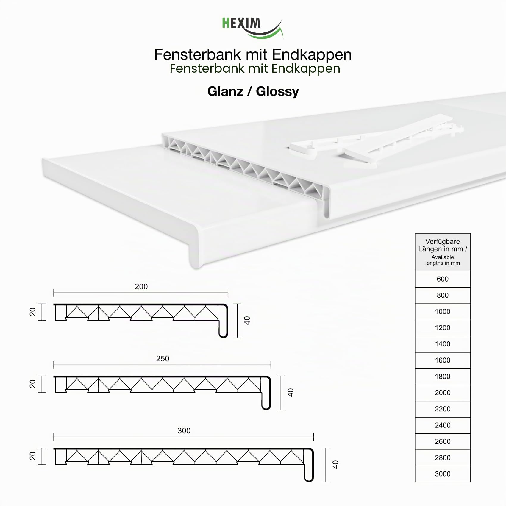 Hexim Fensterbank PVC 140x20 cm weiß glanz innen mit Endkappen